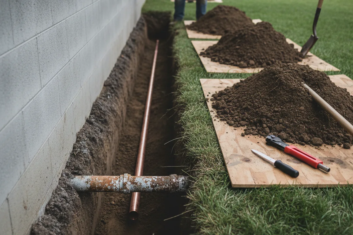 Excavated water line trench during Water Heater Repair in Calumet City